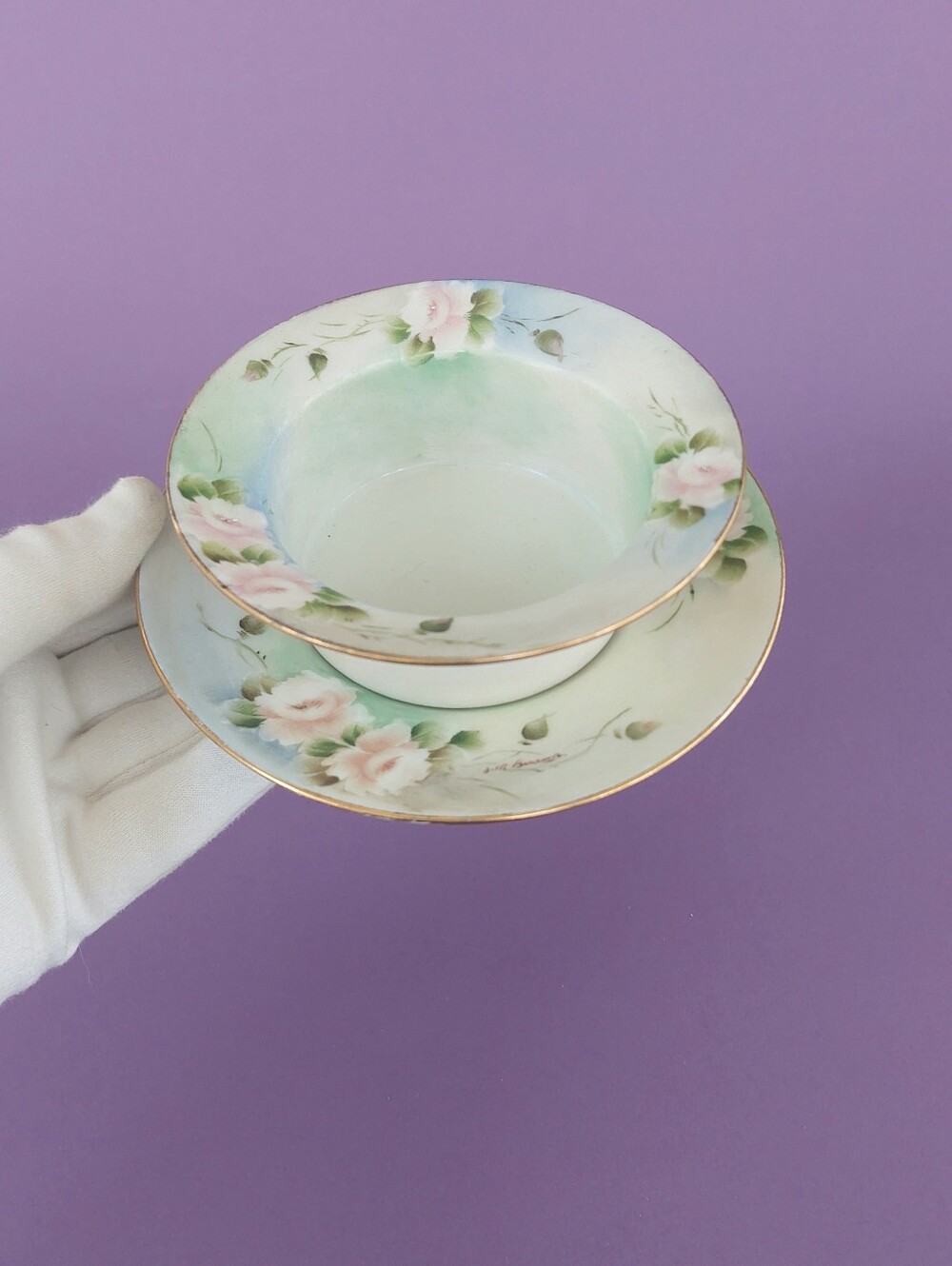 Artist-Signed Antique LRL Limoges France Berry Bowl & Underplate Saucer Set
